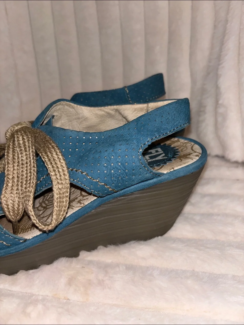 Fly London Yala Blue Suede Lace-Up Wedge Sandals Size EU 39 US 8-8.5 P500377004